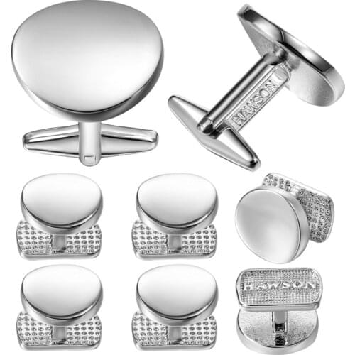 New Simple Metal Cufflink and Studs for Men Classic Round Curved Surface Cuff Links Set Tuxedo Jewelry with HAWSON LOGO