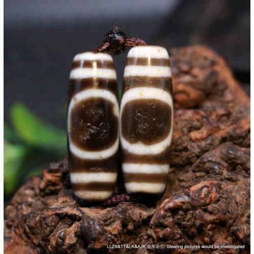 A Pair of Magic Power Tibetan Old Agate Heaven&Earth dZi Bead Amulet Pendant AAA LKbrother Talisman UPD210202A4