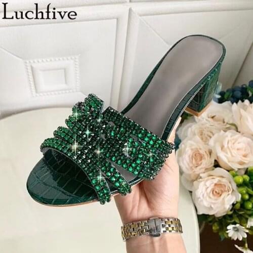 Diamond Open Toe Slippers Woman Chunky High Heels Party Shoes Slip On Summer Shoes Woman Green Zapatos Mujer
