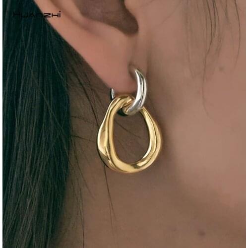 HUANZHI 2020 Gold Silver Color Contrast Metal Circel Geometric Round Earrings Detachable For Women Girls Party Travel Jewelry