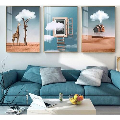 UP flying house creative window ladder Giraffe cloud modern Nordic decorative Picture Canvas Wall Art Poster for room decor