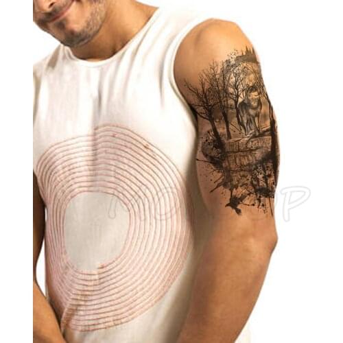 Temporary Tattoo Stickers Black Forest Wolf Dead Tree Fake Tatto Waterproof Tatoo Back Leg Arm Belly Big Size for Women Men Girl