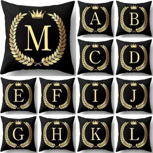ABC-OP 1Pcs Black Golden Crown Letter New Year Accessories Polyester 45*45cm Cushion Cover Sofa Home Decoration Throw Pillowcase