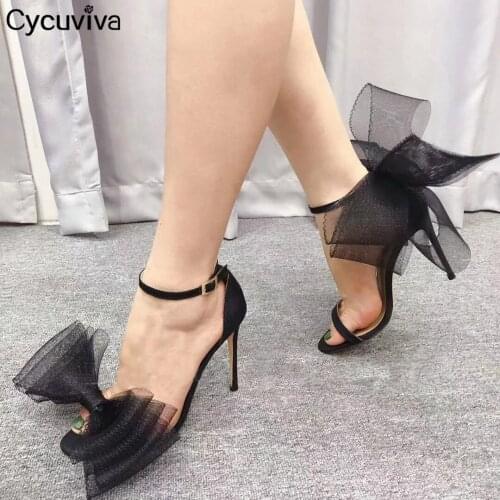 Top Quality Thin High Heel Shoes Women Gladiator Sandals Mesh Bowknot Ladies Mules Black Leather Shoes Summer Sandalias Mujer