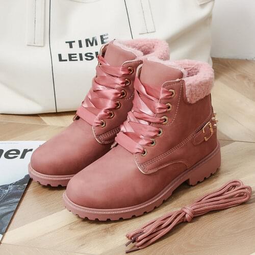 Women Winter Boots Wram Plush Pink SnowBoots Personality Rivet Two Lacings Up Casual Ankle Boots 2020 Women Winter Shoes