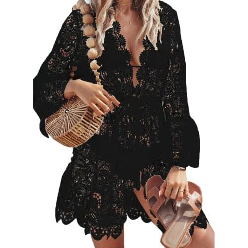 Womens White/Black Summer Sexy Lace Hollow-Out Mini Drersses Boho Solid V-Neck Long SleeveRuffles Dress