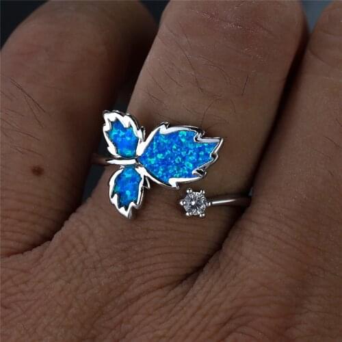 Female Cute Maple Leaf Opening Ring White Blue Green Red Opal Stone Ring Vintage Silver Color Engagement Rings For Women Jewelry
