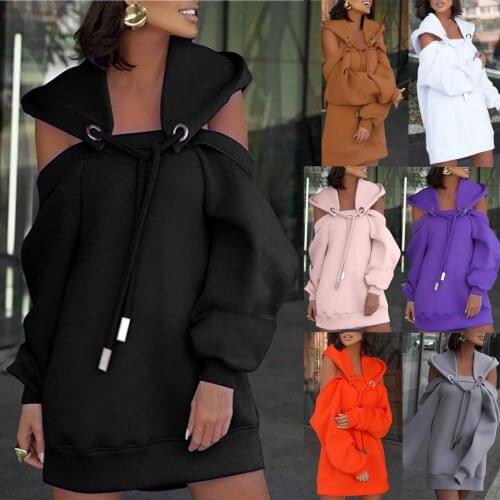 Womens solid color hooded long sleeve sweater dresses Women Sweatshirts Oversized Dress Long Sleeve Personality Loose Dress