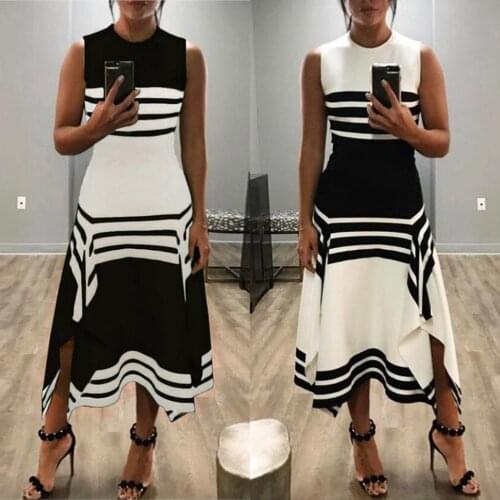 Women Stripe Sleeveless Dress Women Round Neck Casual Long Dress Vestido Vintage Black White Striped Party dresses vestidos