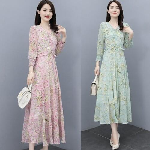 Plus Size Floral Chiffon Boho Dress 2021 Spring Autumn Vintage Women Maxi Dresses Pink Casual Party Bodycon Long Sleeve Vestidos