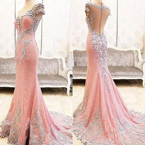 Vestido Mae Da Noiva O-neckline Cap Sleeves Mermaid Evening Gown Appliques Pink Beading Crystal Wedding Party Dresses