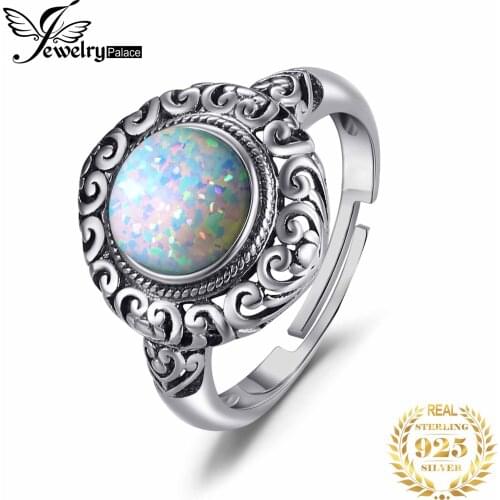 JewelryPalace Vintage 1.5ct Round Cabochon Created Opal Carving Heart Ring Open Adjustable 925 Sterling Silver Rings Jewelry