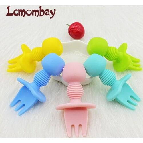 2pcs/lot Baby Training Fork Spoon Set Soft Silicone Feeding Flatware Set Safe Training Spoon For Baby Girls