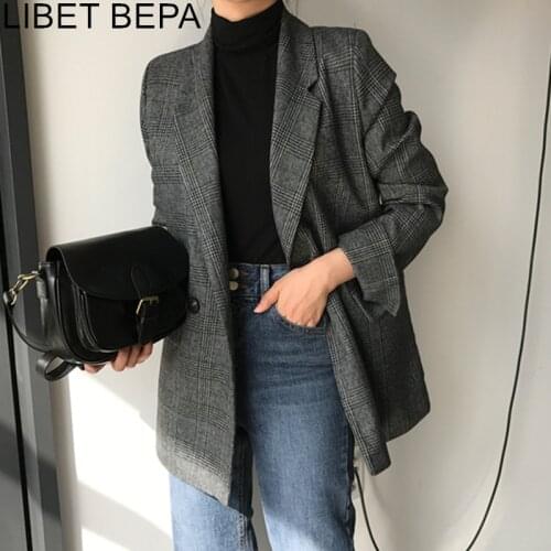 New 2021 Autumn Winter Womens Blazers Plaid Double Breasted Pockets Formal Jackets Notched Fashionable Outerwear Tops JK7113