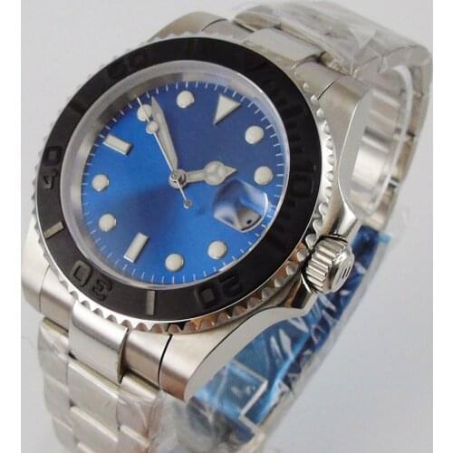 Nologo Blue Sunburst 40mm Automatic Men Watch No Magnifier Oyster Bracelet NH35A MIYOTA 8215 Solid Back Sapphrie Crystal