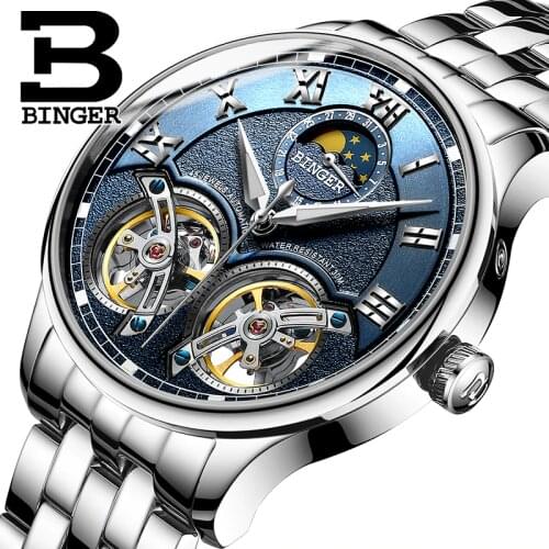 Double Tourbillon Switzerland men Watches BINGER Automatic Watch men Self-Wind Fashion Mechanical Wristwatch Leather clock reloj