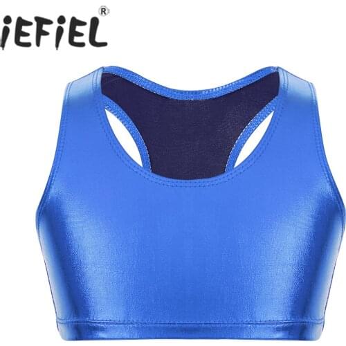 Kids Dance Tops Girls Shiny Metallic Sleeveless Racer Back Crop Top for Ballet Stage Performance Party Dance Class Exercise