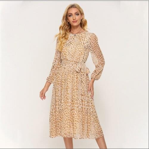 Elegant O-neck Beach A-line Sundress Boho Style Female Midi Vestidos Clothes Women Leopard Printing Chiffon Dress