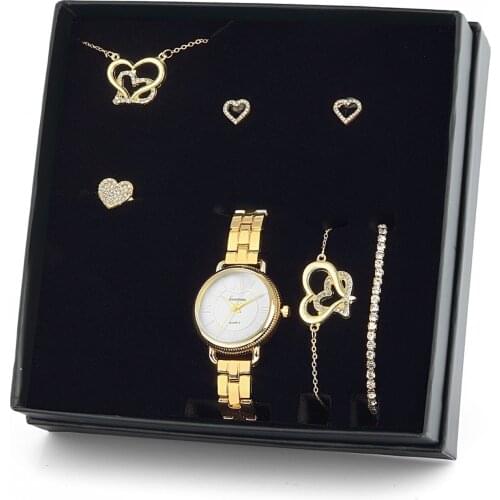 Forentina Altın Kaplama Çift Kalp Kolye Küpe Bileklik Saat -Hediye Set PS1518