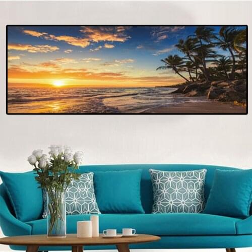 Sunset natural sea beach coconut tree oil painting on canvas posters and prints for home livingroomdecoration frameless painting