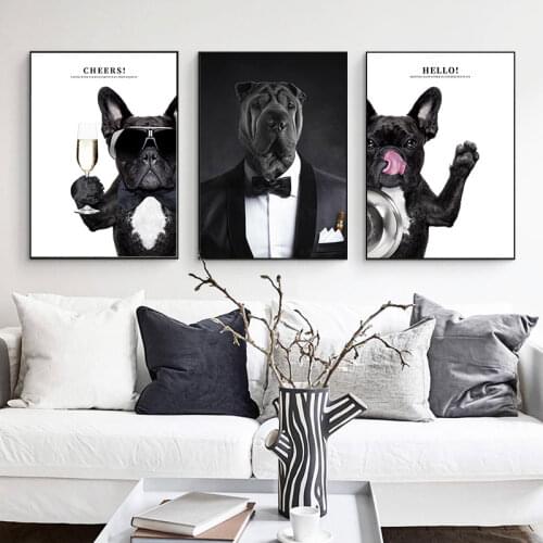 Nordic Funny Animal Canvas Painting Black Dog Wear Sunglasses Clothes Poster Print Black White Wall Art Pictures for Living Room