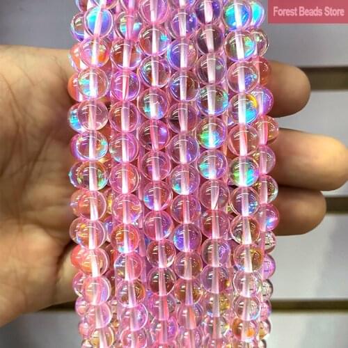 Pink Austria Crystal Round Beads Synthesis Glitter Moon Stone 15" Strand 6 8 10 12MM DIY Bracelet Necklace for Jewelry Making