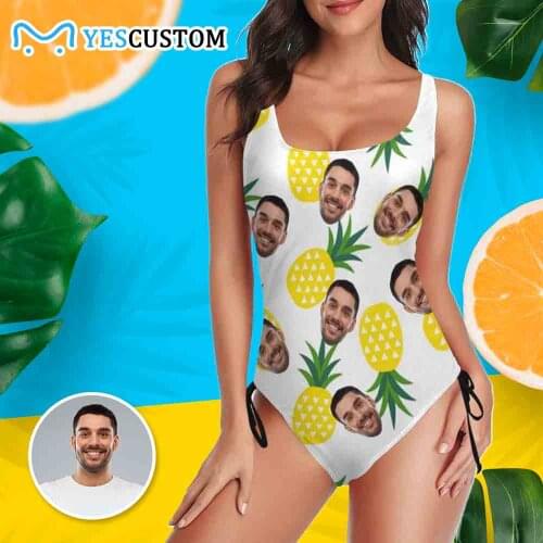 Custom Face Photo Pineapple Bathing Suit Women Bikini Bra Beach One Piece Personalized Drawstring Side Female Gift Swimwear