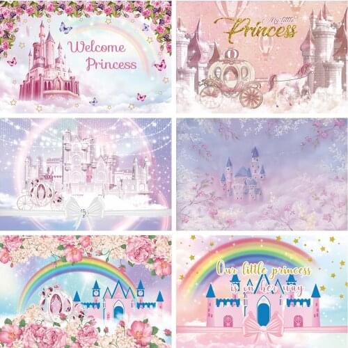 Laeacco Newborn Princess Baby Shower Birthday Photography Backgrounds Flowers Clouds Rainbow Castle Butterfly Stars Backdrops