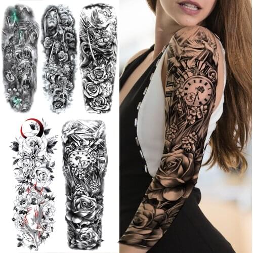 Peace Dove Compass Rose Temporary Tattoos Sleeve For Women Men Fox Gangster Lion Fake Tattoo Sticker Sexy Full Arm Tattoo Large