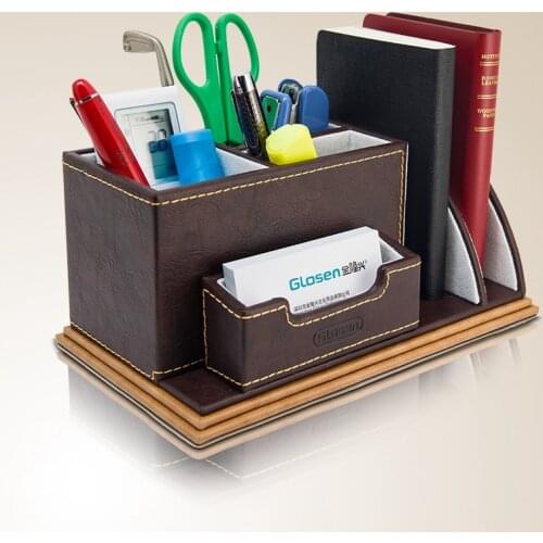 Multifunctional wooden PU leather office desk stationery holder organizer pen pencil holder organizador papeleria portalapices