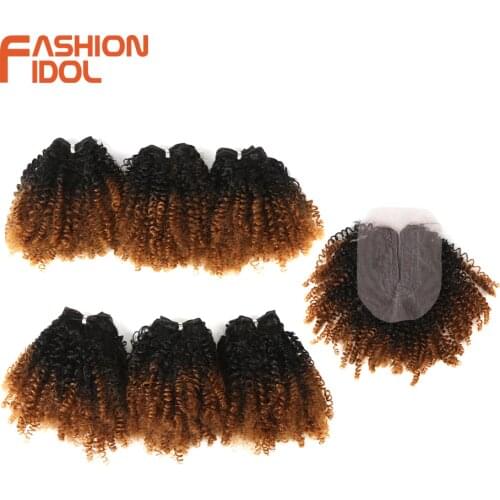 FASHION IDOL Natural Soft Afro Kinky Curly Hair Synthetic 7 Bundles Lace With Closure Ombre Blonde African Weave Hair Bundles