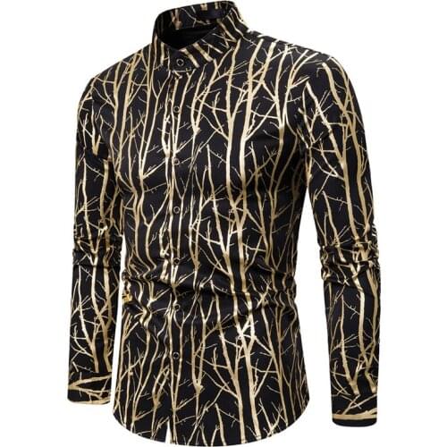 Autumn Shirts Men Long Sleeve Beach Shirt Tops Man Gold Stamping Printed Shirt Slim Fit Casual Blouse Blusa Masculina 2020