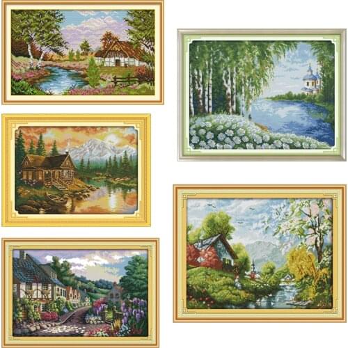 New Joy Sunday Needlework DMC Cross Stitch Sets For Embroidery Kits 11 14CT Landscape Sunset Cotton Thread Painting Needlework