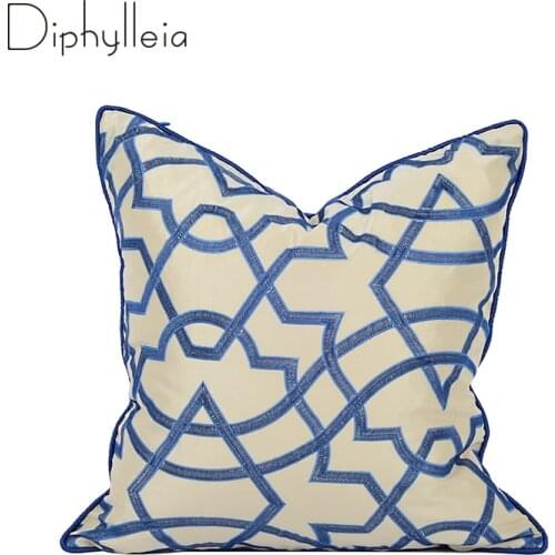 Diphylleia Sapphire Cushion Cover Embroidered Geometric Lines Luxury Modern Square Pillow Case Living Room Sofa Couch 45x45cm