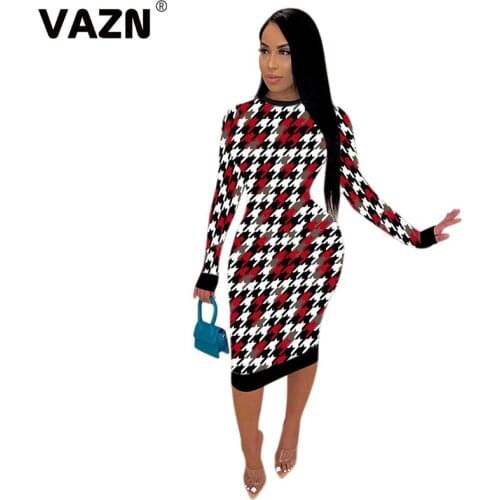 VAZN New Plaid Print O-neck Elegant Fashion Mujer Chic Ladies Slim Holiday Shinny Dress 2020 Full Sleeve Lady Maxi Dress