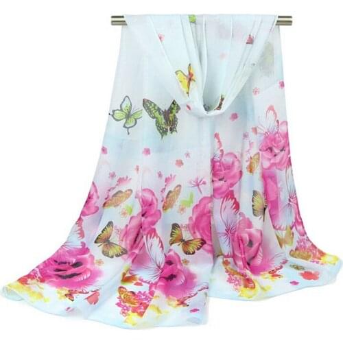 New Fashion Female Go Shopping Printed Long Silk Scarf Rose Flower Butterfly Chiffon Scarves Women Clothes Decorate