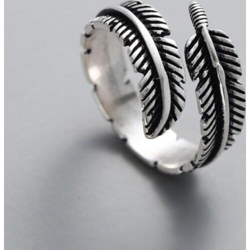 Original Feather Retro 925 Sterling Silver Temperament Personality Fashion Female Trendy Resizable Opening Rings SRI007