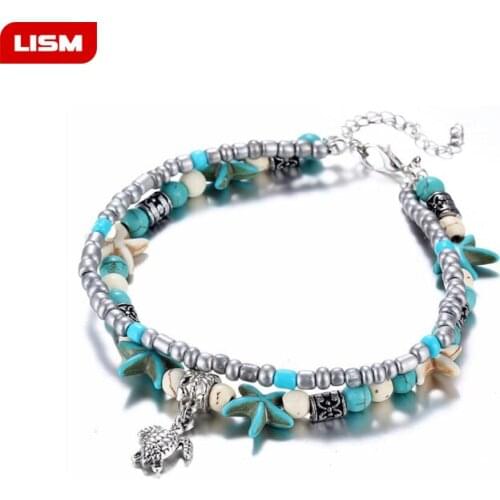 Drop Shipping Fashion Trendy Double-layered aAnklet Conch Starfish Mizhu Yoga Beach Turtle Pendant Anklet Bracelet
