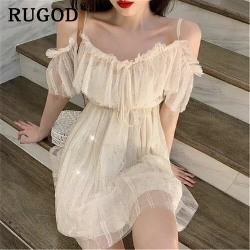 RUGOD Elegant Ruffles Sequin Mech Women Dress Fashion Off Shoulder Spaghetti Strap Party Dress Female Korean Sexy Ladies Dress