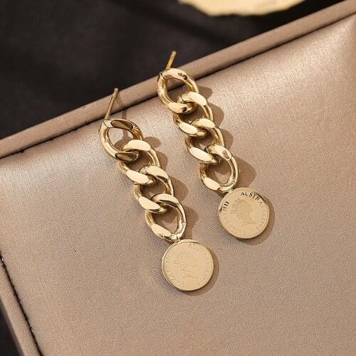 XIYANIKE 316L Stainless Steel Gold Coin Thick Chain Portrait Pandent Earrings 2021 Trendy For Women Fashion Gift Party Jewelry