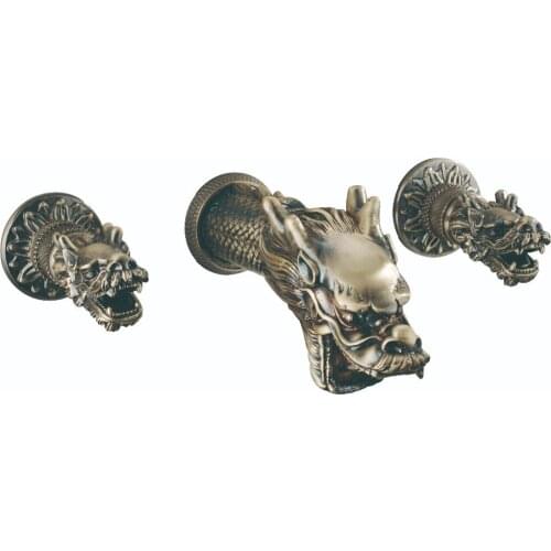 Double Handles antique Brass Widespread Dragon Pattern Bathroom Sink Faucet wall mounted Luxury tap