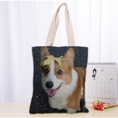 Dog Corgi Pet Tote Bag Women Canvas Fabric Bags Eco Reusable Shopping Bags Traveling Beach Casual Useful Shoulder Bag