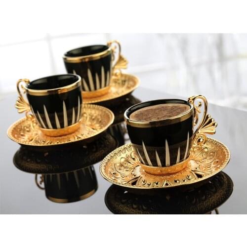 Turkish Golden Coffee Cups and Saucers Serving Set Ceramic Coffee Mugs Best for Home Decor Demistasse Porcelain Coffee Set