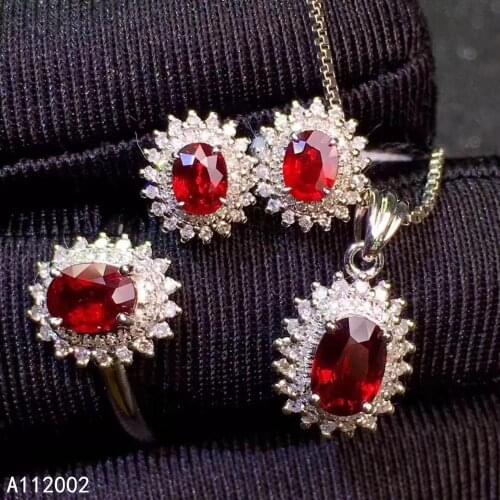 KJJEAXCMY fine jewelry natural ruby 925 sterling silver women gemstone pendant necklace earrings ring set support test trendy