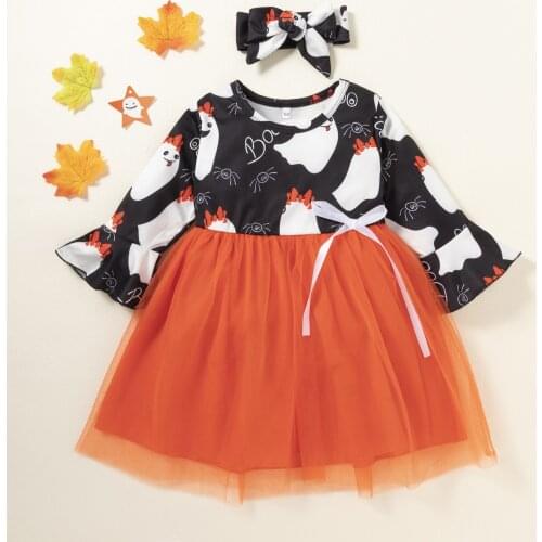 2021 Baby Girls Halloween cosplay costume Halloween Girls' Long Sleeve Pumpkin Print Puffy Mesh Dress Childrens Skirt