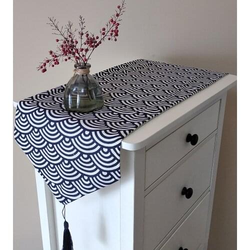 32x210cm Luxury Tassel Table Runner for Tea Table Japanese Style Table Flag for Wedding Party Dark Blue Table Decoration 32x120