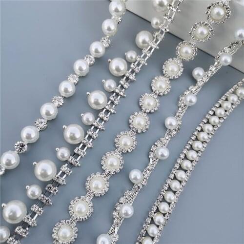 45cm/Lot Pearl Crystal Chain Manual Rhinestones Trim Ribbon Metal Chain Decoration Collar Wedding Dress Clothing Bag Accessories
