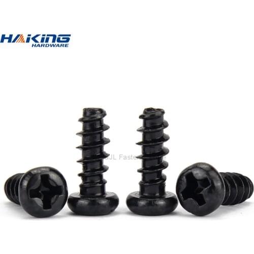 50pcs Cross Recessed Pan Head Flat Tail Self-tapping Screw M1.2 M1.4 M1.7 M2 M2.3 M2.6 M3 M4 Black Carbon Steel Phillips Screw