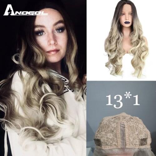 ANOGOL Deep Brown Ombre Blonde Synthetic Lace Front Wigs with Dark Roots Long Body Wave Wig for Women