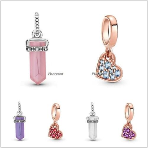 Authentic 925 Sterling Silver Royal Purple Pave Tilted Heart Dangle Charm Beads Fit Pandora Bracelet & Necklace Jewelry